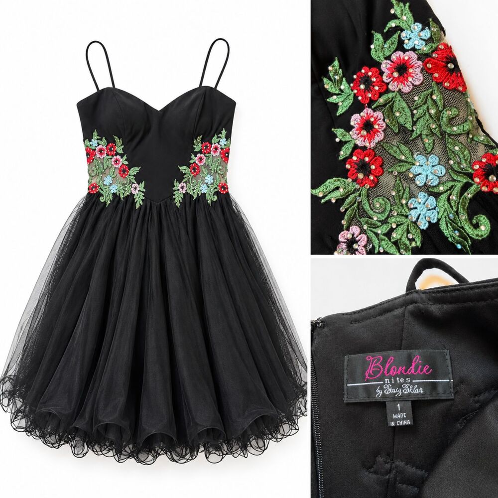 Blondie Nites Black Tulle Floral Embroidered Mini Dress Spaghetti Straps Womens